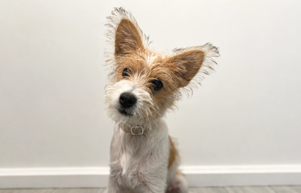 Small puppy sitting indoors for a veterinary blog about when to neuter your pet, dog desexing age and cat neutering advice.