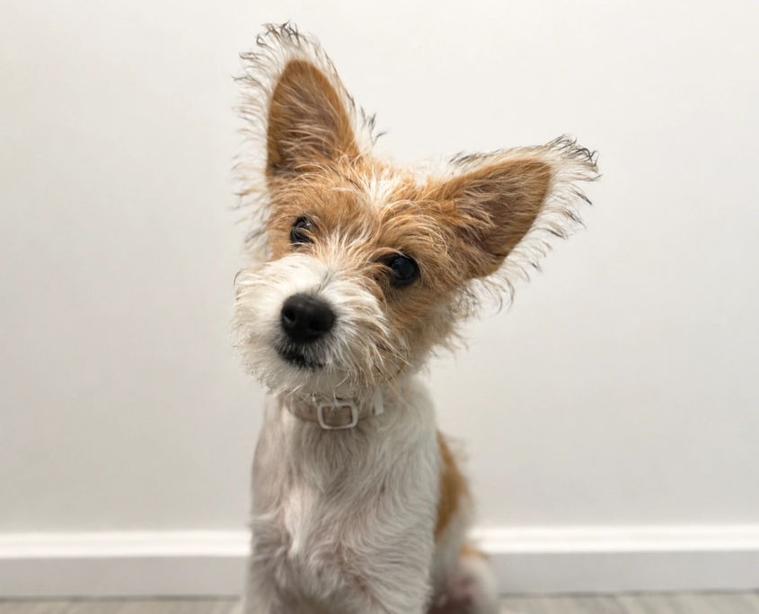 Small puppy sitting indoors for a veterinary blog about when to neuter your pet, dog desexing age and cat neutering advice.